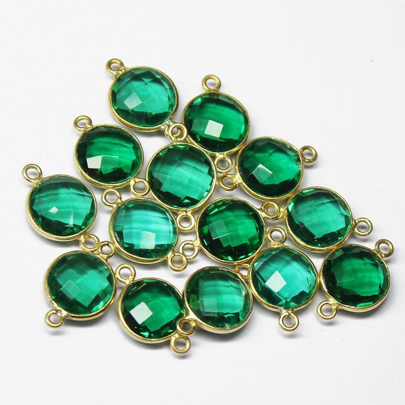Emerald Quartz Round Coin 925 Sterling Silver Gold Vermeil Connector 2pc 15mm - Jalvi & Co.