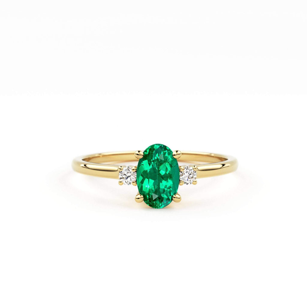 Emerald Ring / Emerald Engagement Ring in 14k Gold / Oval Cut Natural 3 Stone Emerald Diamond Ring / May Birthstone / Promise Ring - Jalvi & Co.