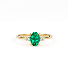 Load image into Gallery viewer, Emerald Ring / Emerald Engagement Ring in 14k Gold / Oval Cut Natural 3 Stone Emerald Diamond Ring / May Birthstone / Promise Ring - Jalvi &amp; Co.