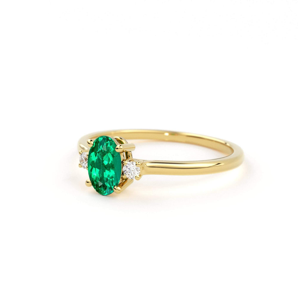 Emerald Ring / Emerald Engagement Ring in 14k Gold / Oval Cut Natural 3 Stone Emerald Diamond Ring / May Birthstone / Promise Ring - Jalvi & Co.