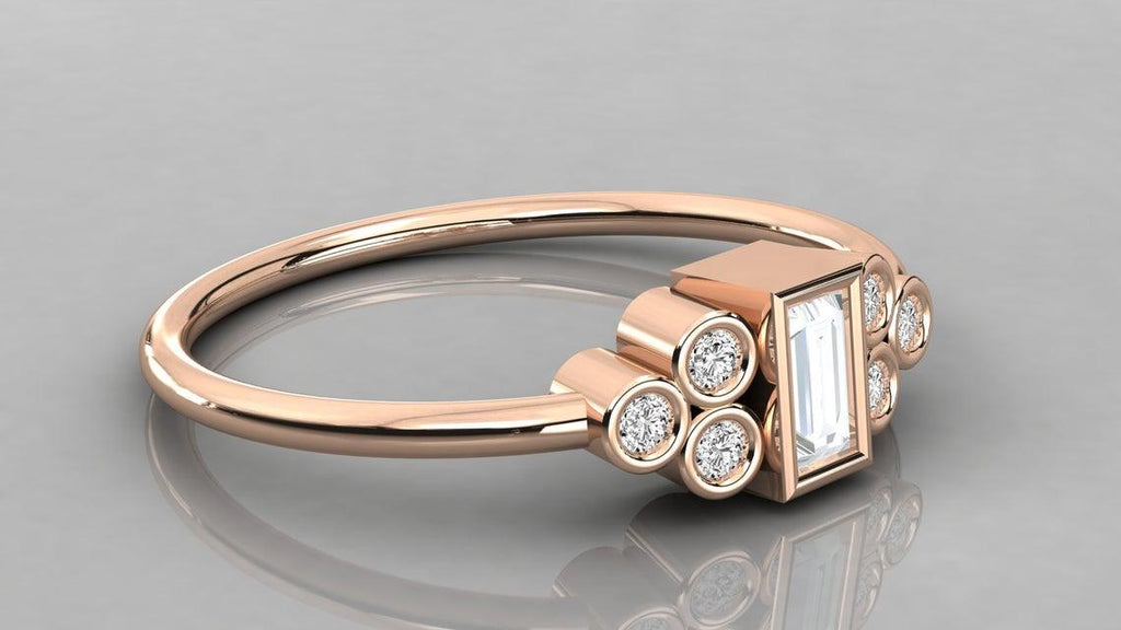 Engagement Ring / 14K Gold Round Cut Bezel Set Diamond Engagement Ring / Unique Engagement Ring / Baguette Natural Diamond Ring - Jalvi & Co.