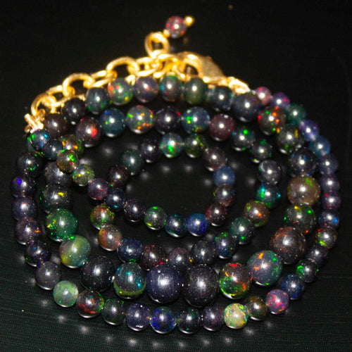 Ethiopian Black Opal Round Ball Gold Plated Gemstone Beads Necklace 18