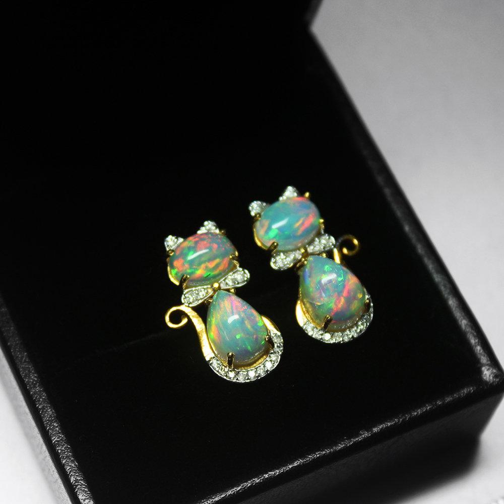 Ethiopian Solid Opal Diamond 18k Solid Yellow Gold Kitty Cat Bow Stud Earrings, Designer Earrings, Cute Earrings - Jalvi & Co.