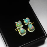 Ethiopian Solid Opal Diamond 18k Solid Yellow Gold Kitty Cat Bow Stud Earrings, Designer Earrings, Cute Earrings