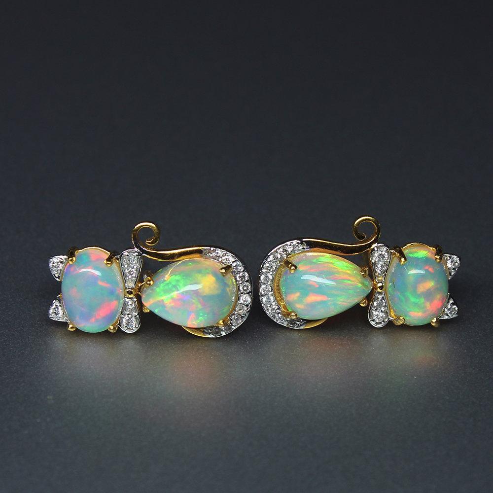 Ethiopian Solid Opal Diamond 18k Solid Yellow Gold Kitty Cat Bow Stud Earrings, Designer Earrings, Cute Earrings - Jalvi & Co.