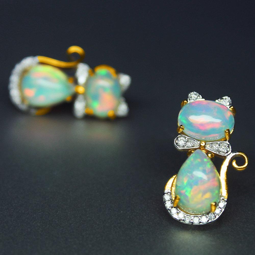 Ethiopian Solid Opal Diamond 18k Solid Yellow Gold Kitty Cat Bow Stud Earrings, Designer Earrings, Cute Earrings - Jalvi & Co.