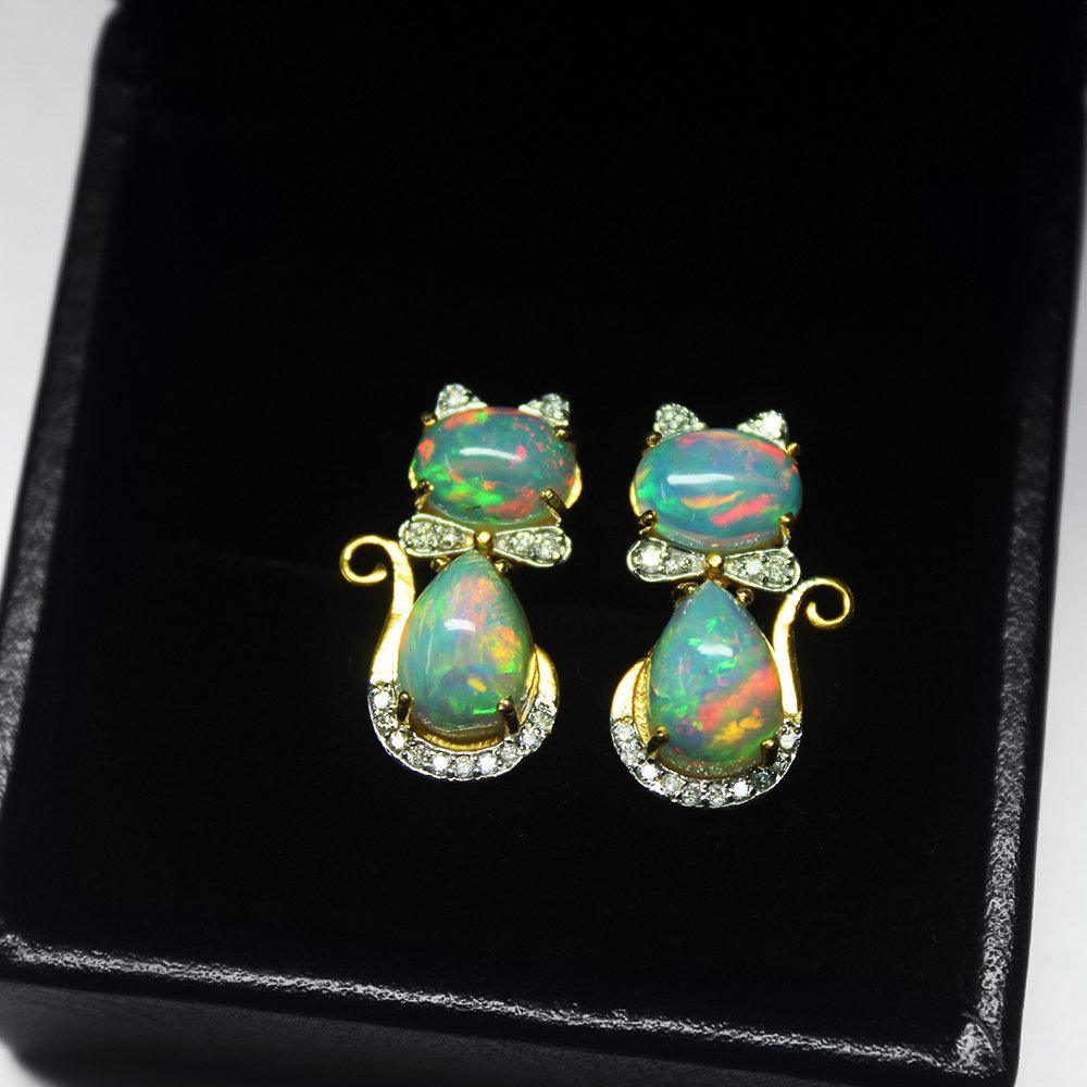 Ethiopian Solid Opal Diamond 18k Solid Yellow Gold Kitty Cat Bow Stud Earrings, Designer Earrings, Cute Earrings - Jalvi & Co.