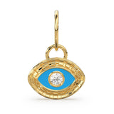 Evil Eye Enamel and Diamond 14k 18k Solid Gold Charm Pendant, Diamond Bead, Enamel Charm Finding, Solid Gold Charm 9mm