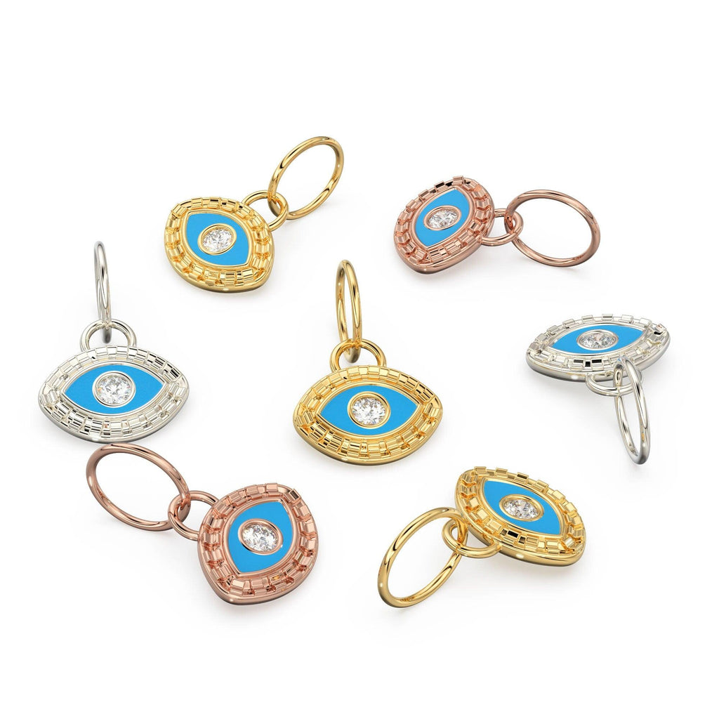 Evil Eye Enamel and Diamond 14k 18k Solid Gold Charm Pendant, Diamond Bead, Enamel Charm Finding, Solid Gold Charm 9mm - Jalvi & Co.