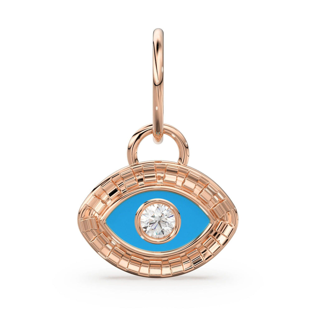 Evil Eye Enamel and Diamond 14k 18k Solid Gold Charm Pendant, Diamond Bead, Enamel Charm Finding, Solid Gold Charm 9mm - Jalvi & Co.