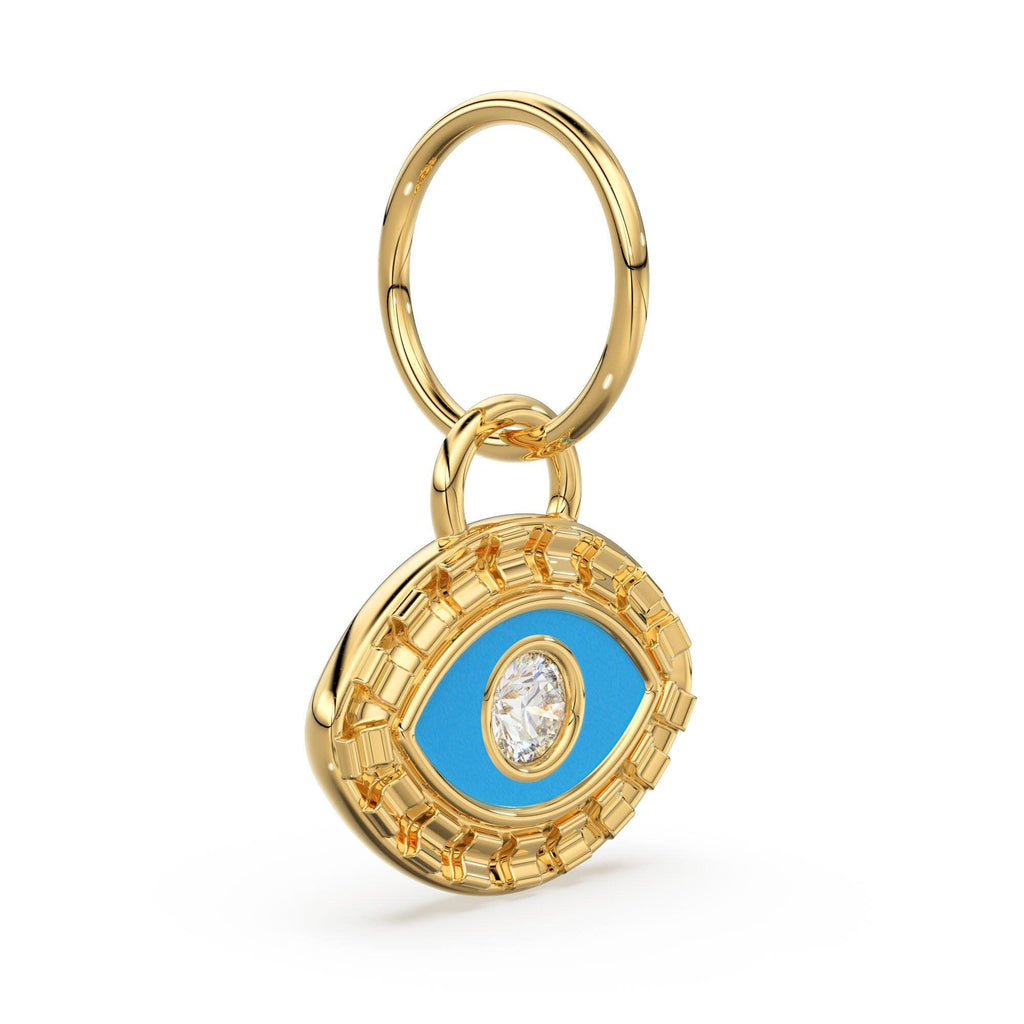 Evil Eye Enamel and Diamond 14k 18k Solid Gold Charm Pendant, Diamond Bead, Enamel Charm Finding, Solid Gold Charm 9mm - Jalvi & Co.