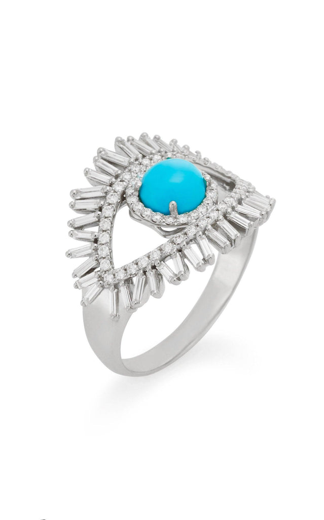 Evil Eye Turquoise and White Baguette Diamonds 18k Solid White Gold Ring - Jalvi & Co.