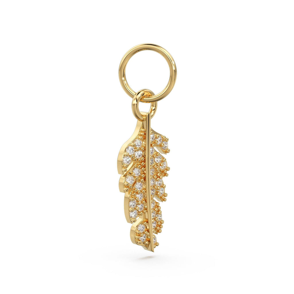 Feather Diamond Solid Gold Charm / Real Diamond Bird Charm / 14k Gold Quill Charm / Feathered Real Diamond Pendant - Jalvi & Co.