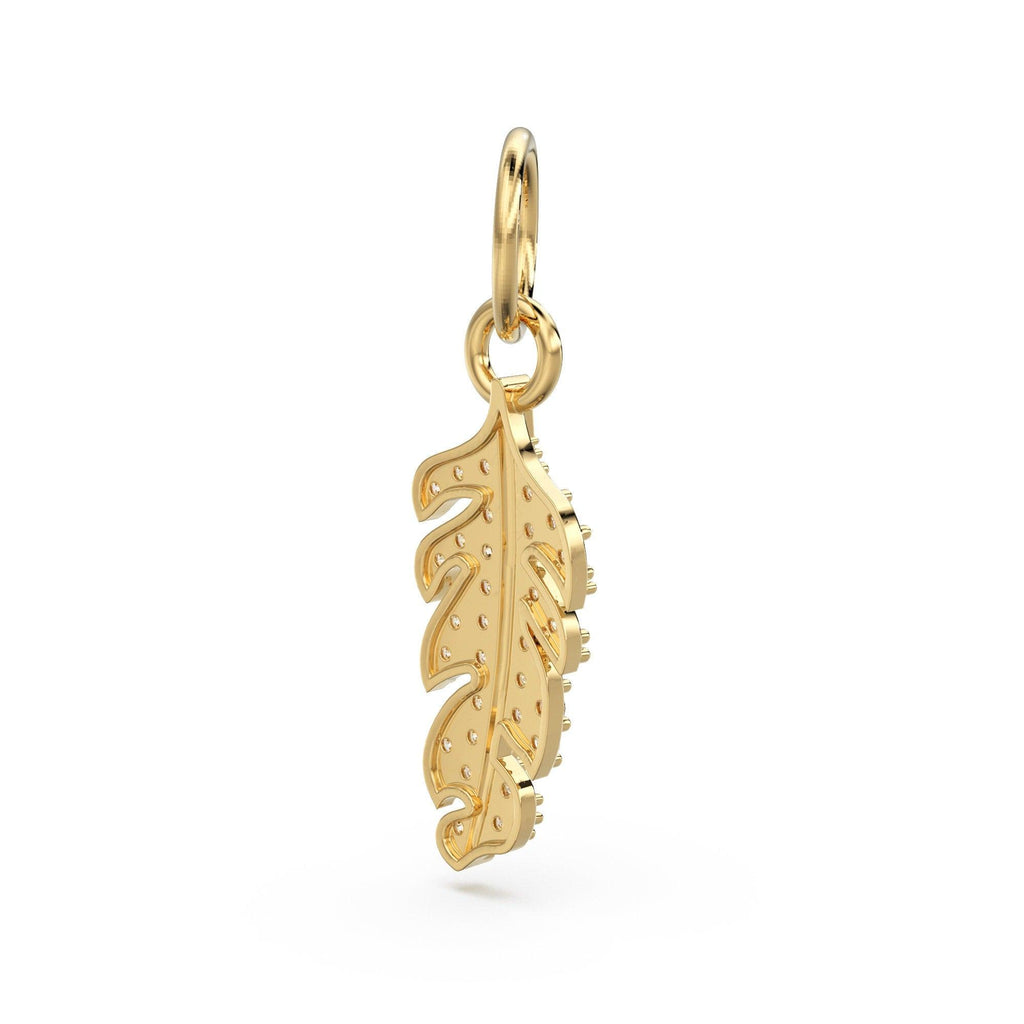 Feather Diamond Solid Gold Charm / Real Diamond Bird Charm / 14k Gold Quill Charm / Feathered Real Diamond Pendant - Jalvi & Co.