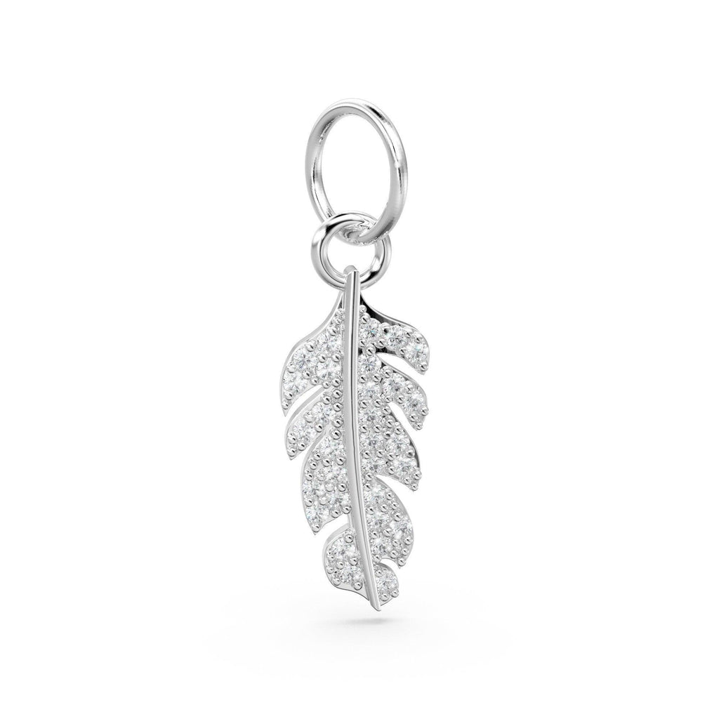 Feather Diamond Solid Gold Charm / Real Diamond Bird Charm / 14k Gold Quill Charm / Feathered Real Diamond Pendant - Jalvi & Co.