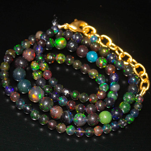 Fire Black Opal Ball Round Gemstone Gold Filled Beads Necklace 18