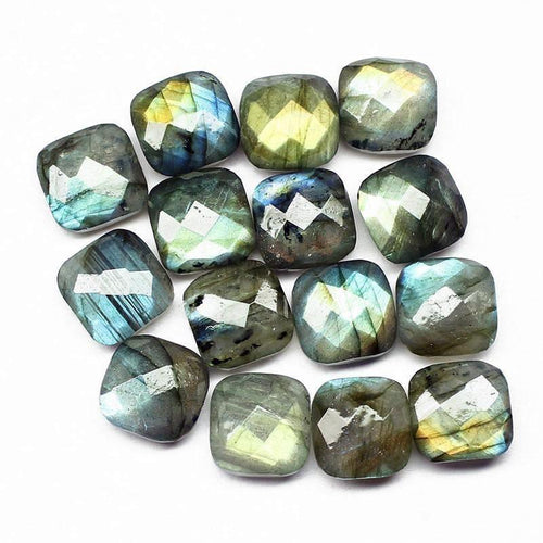 Fire Flash Labradorite Faceted Cushion Side Drilled Gemstone Beads Lot 10pc 12mm - Jalvi & Co.