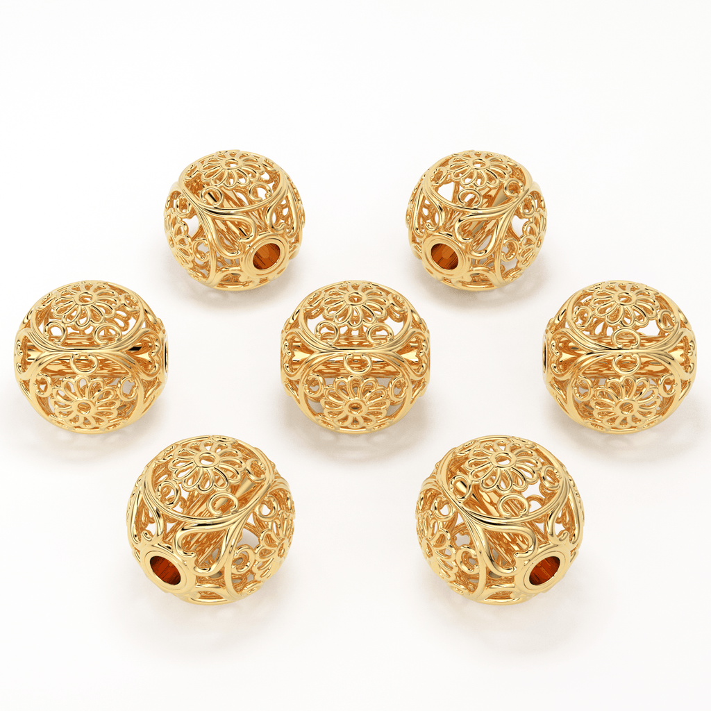 Floral Round Designer Solid Gold 14k 18k Handmade Gold Spacer Bead Jewelry Making Supply 6mm - Jalvi & Co.