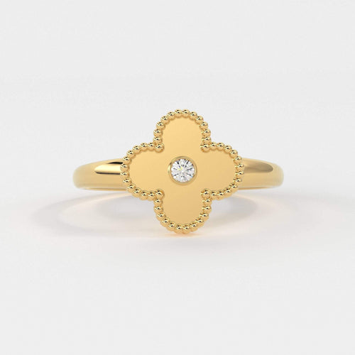 Four Leaf Clover Ring Ring / Solitaire Diamond Ring for Women in 14k Gold / Milgrain Solid Gold Ring / Handmade 14k Gold Statement Ring - Jalvi & Co.