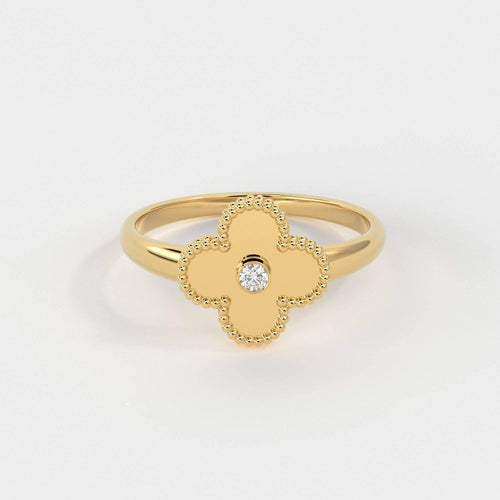 Four Leaf Clover Ring Ring / Solitaire Diamond Ring for Women in 14k Gold / Milgrain Solid Gold Ring / Handmade 14k Gold Statement Ring - Jalvi & Co.