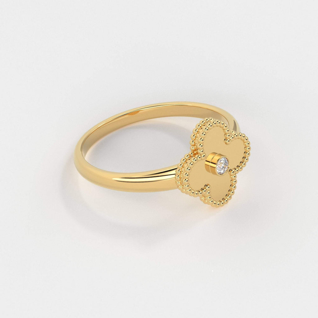 Four Leaf Clover Ring Ring / Solitaire Diamond Ring for Women in 14k Gold / Milgrain Solid Gold Ring / Handmade 14k Gold Statement Ring - Jalvi & Co.