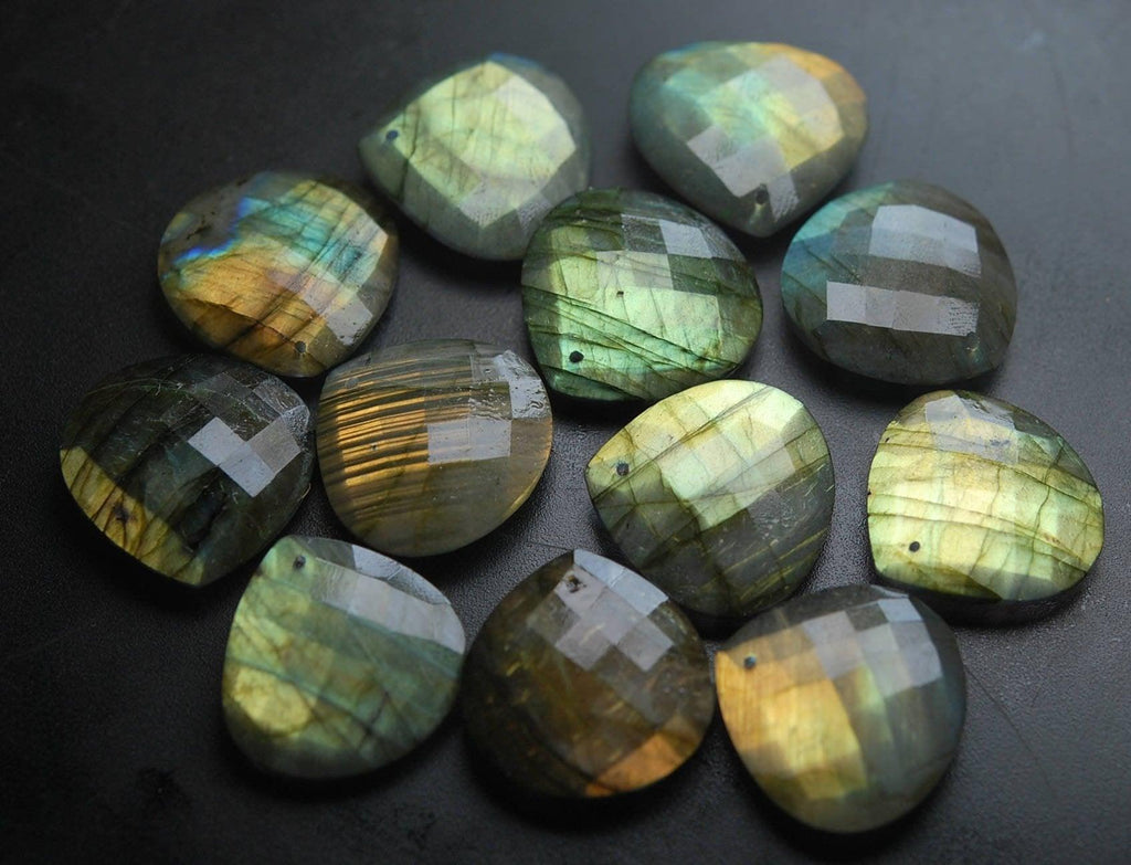 Front Drilled, 1 Matched Pair,Yellow Flashy Labradorite Faceted Heart Shape, 25mm Size - Jalvi & Co.