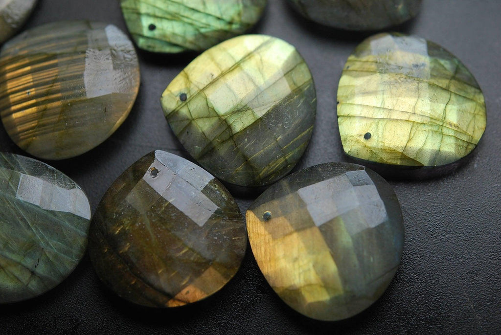 Front Drilled, 1 Matched Pair,Yellow Flashy Labradorite Faceted Heart Shape, 25mm Size - Jalvi & Co.