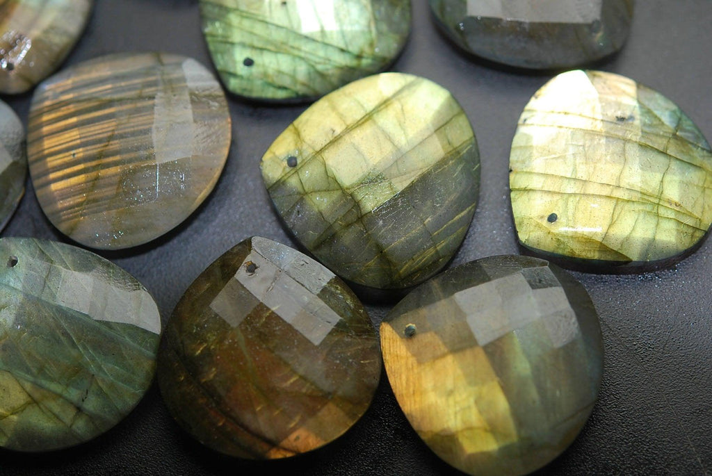 Front Drilled, 1 Matched Pair,Yellow Flashy Labradorite Faceted Heart Shape, 25mm Size - Jalvi & Co.