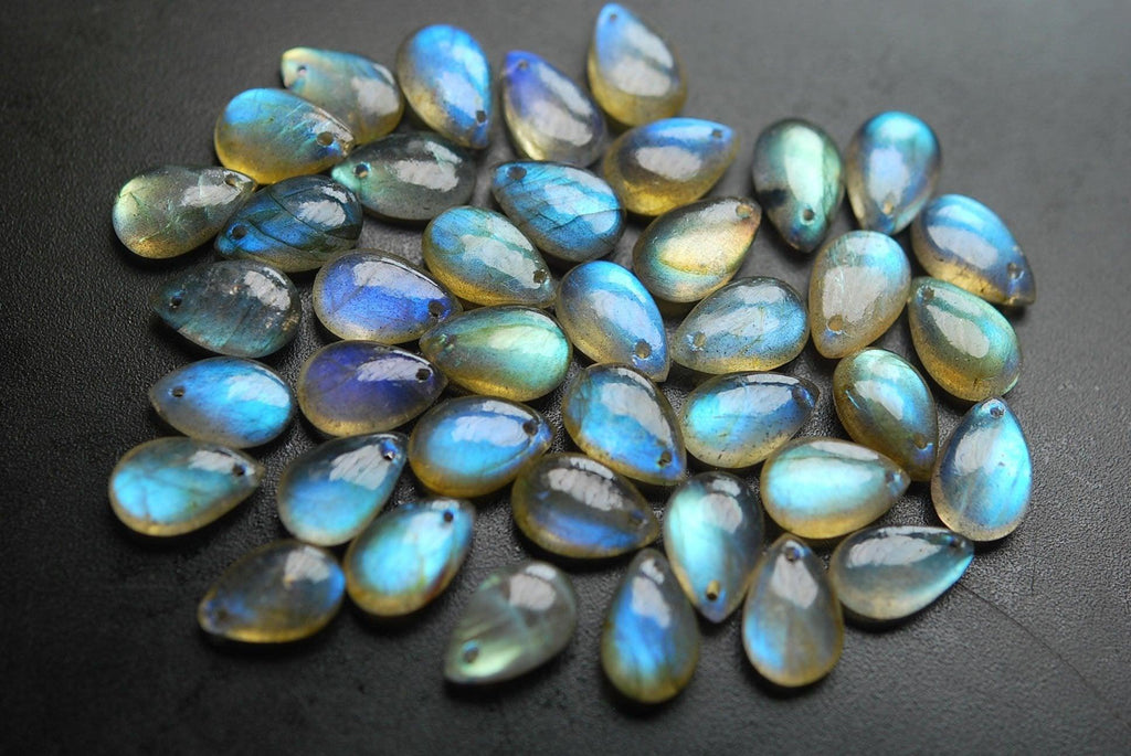 Front Drilled, 10 Beads,Super Finest Blue Flash Labradorite Smooth Pear Shape Briolettes Size 14mm Aprx - Jalvi & Co.