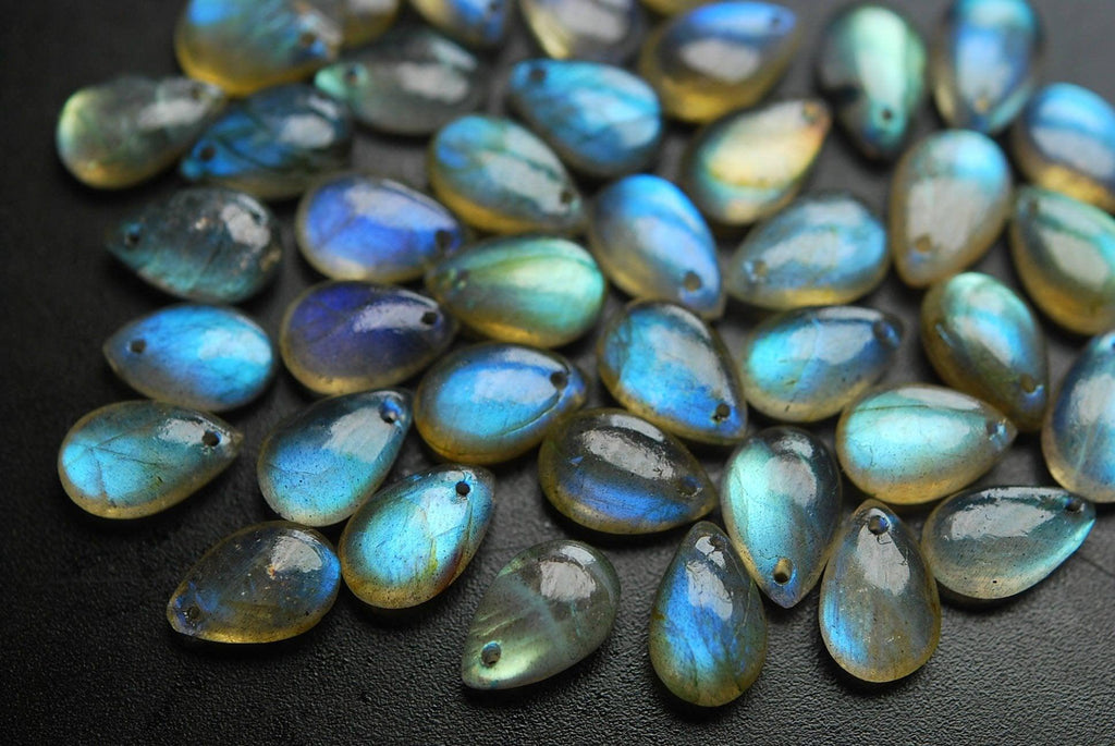 Front Drilled, 10 Beads,Super Finest Blue Flash Labradorite Smooth Pear Shape Briolettes Size 14mm Aprx - Jalvi & Co.