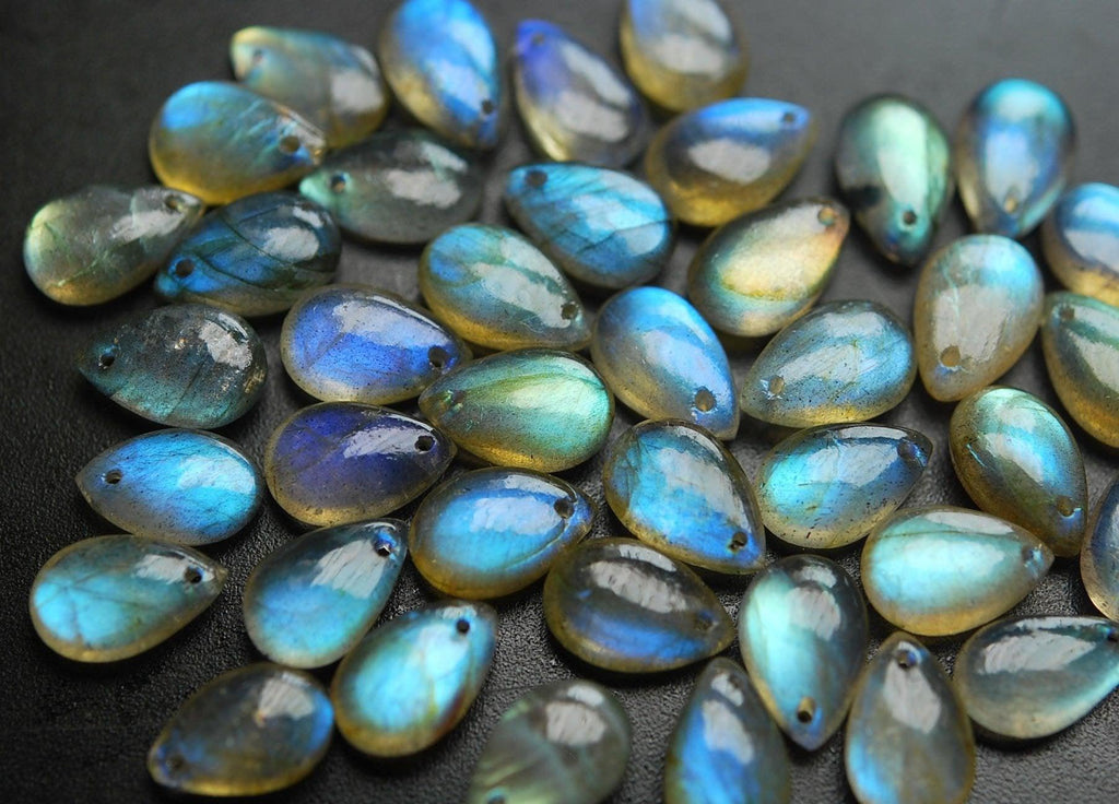 Front Drilled, 10 Beads,Super Finest Blue Flash Labradorite Smooth Pear Shape Briolettes Size 14mm Aprx - Jalvi & Co.