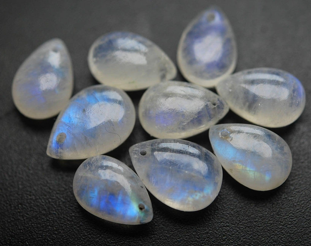 Front Drilled 14 Pcs Of ,Blue Flashy Rainbow Moonstone Smooth Pear Shape Briolettes, 12mm Size, - Jalvi & Co.