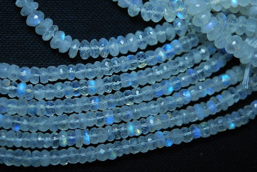 Full 14 Inch Strand Of Machine Cut Quality Blue Fire Rainbow Moonstones Micro Faceted Rondells 6-6.5mm - Jalvi & Co.