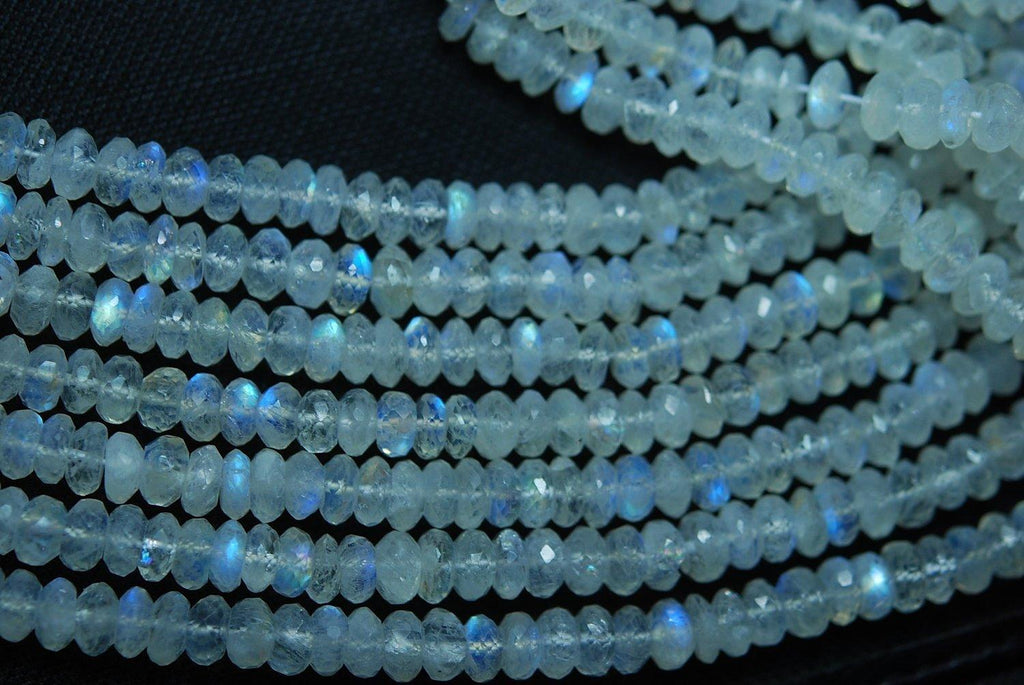 Full 14 Inch Strand Of Machine Cut Quality Blue Fire Rainbow Moonstones Micro Faceted Rondells 6-6.5mm - Jalvi & Co.