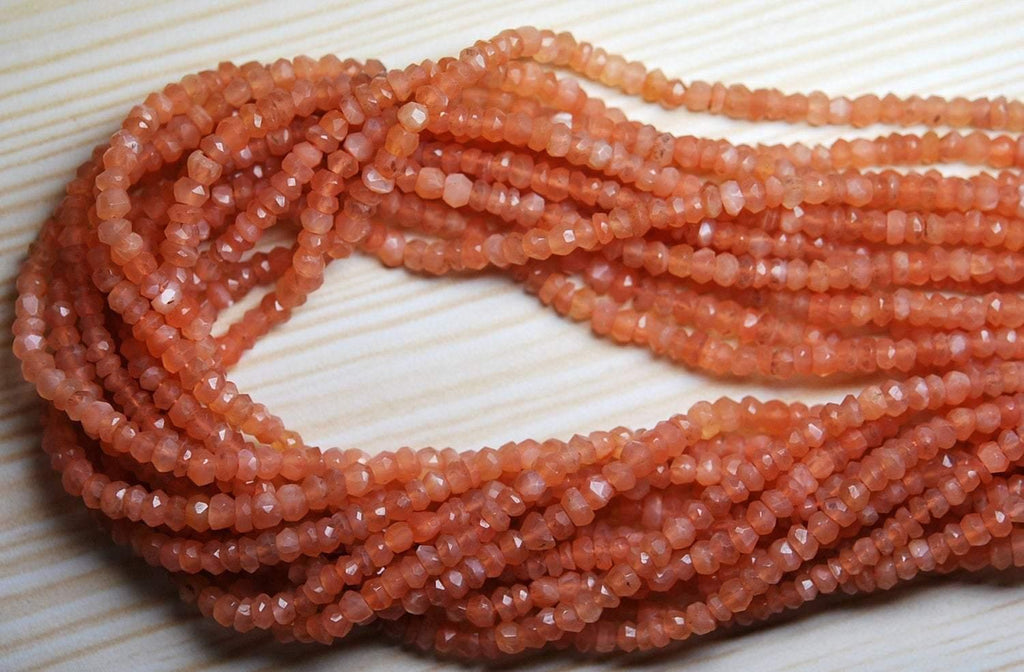 Full 14 Inches Long Strand Micro Faceted Rondelles Peach Moonstone Large Size 3.5-4mm - Jalvi & Co.