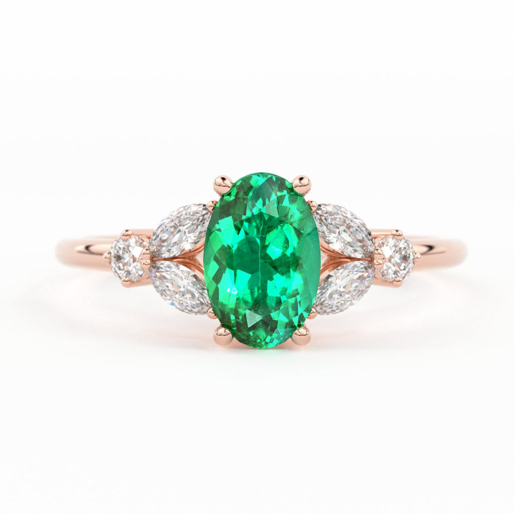 Genuine Emerald Engagement Ring in 14k Gold/ Natural Emerald Diamond Ring Available in Gold, Rose Gold White Gold - Jalvi & Co.