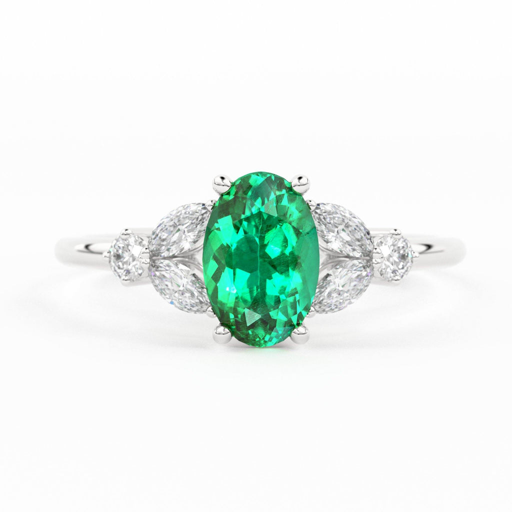 Genuine Emerald Engagement Ring in 14k Gold/ Natural Emerald Diamond Ring Available in Gold, Rose Gold White Gold - Jalvi & Co.