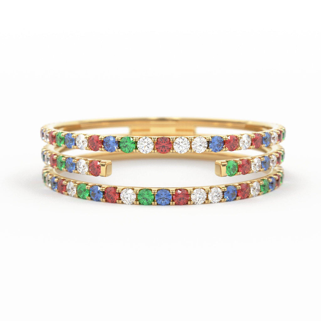 Gradient Micro Pave Rainbow Eternity Ring / 3 Row Band / Cocktail Ring / 14k Gold/ Blue Sapphire, Emerald, Ruby Orange Sapphire, Ruby Ring - Jalvi & Co.