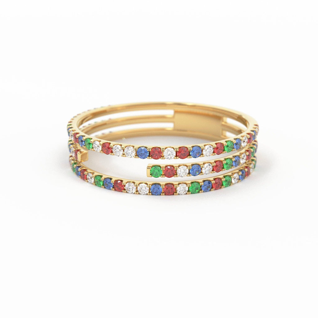 Gradient Micro Pave Rainbow Eternity Ring / 3 Row Band / Cocktail Ring / 14k Gold/ Blue Sapphire, Emerald, Ruby Orange Sapphire, Ruby Ring - Jalvi & Co.