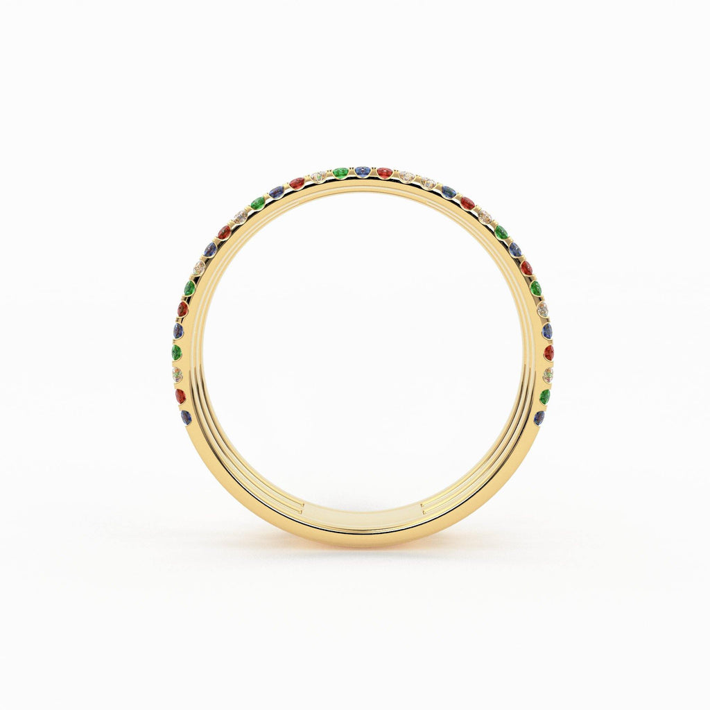 Gradient Micro Pave Rainbow Eternity Ring / 3 Row Band / Cocktail Ring / 14k Gold/ Blue Sapphire, Emerald, Ruby Orange Sapphire, Ruby Ring - Jalvi & Co.