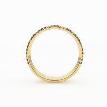 Load image into Gallery viewer, Gradient Micro Pave Rainbow Eternity Ring / 3 Row Band / Cocktail Ring / 14k Gold/ Blue Sapphire, Emerald, Ruby Orange Sapphire, Ruby Ring - Jalvi &amp; Co.