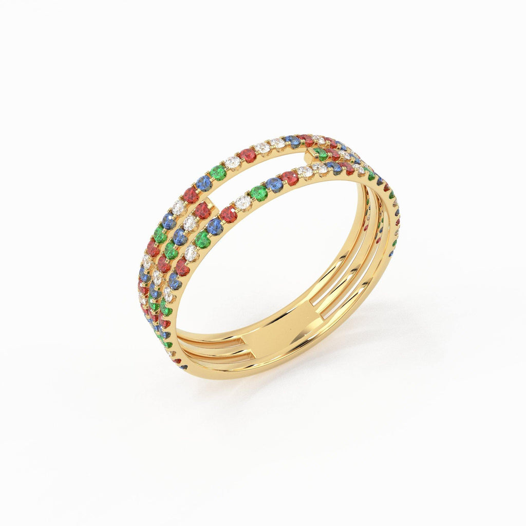 Gradient Micro Pave Rainbow Eternity Ring / 3 Row Band / Cocktail Ring / 14k Gold/ Blue Sapphire, Emerald, Ruby Orange Sapphire, Ruby Ring - Jalvi & Co.