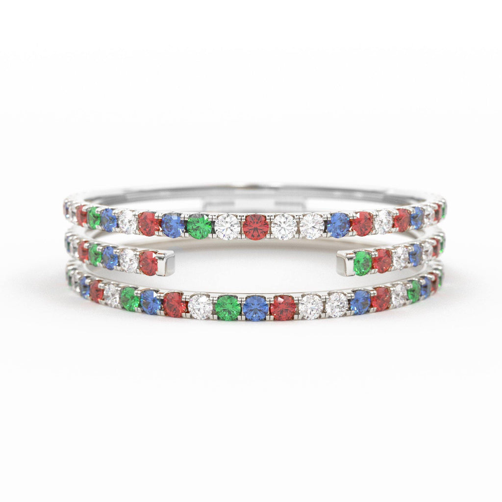 Gradient Micro Pave Rainbow Eternity Ring / 3 Row Band / Cocktail Ring / 14k Gold/ Blue Sapphire, Emerald, Ruby Orange Sapphire, Ruby Ring - Jalvi & Co.