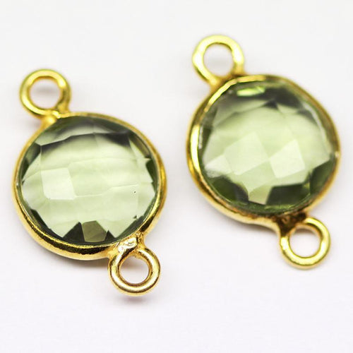 Green Amethyst Quartz Round Coin 925 Silver Gold Vermeil Connector 2pc 15mm - Jalvi & Co.