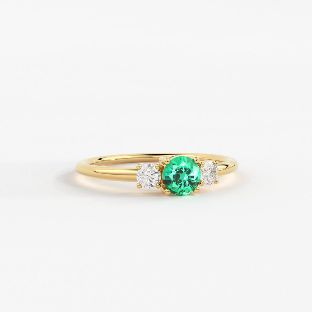 Green Emerald & Diamond Ring, Three Stone Ring with Green Emerald, Three Stone Engagement Ring, May Birthstone Diamond Ring, Emerald Ring - Jalvi & Co.