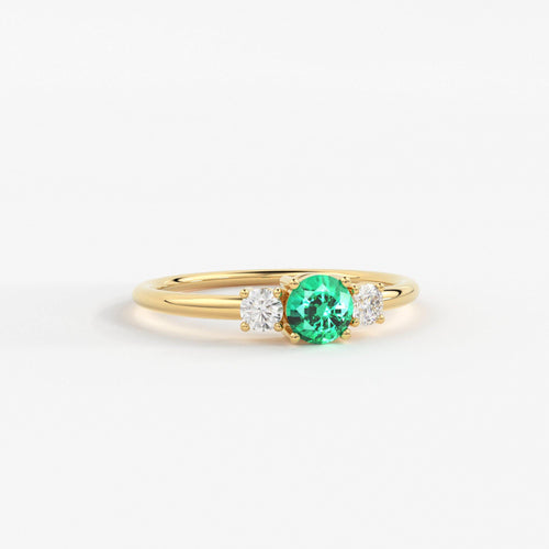 Green Emerald & Diamond Ring, Three Stone Ring with Green Emerald, Three Stone Engagement Ring, May Birthstone Diamond Ring, Emerald Ring - Jalvi & Co.