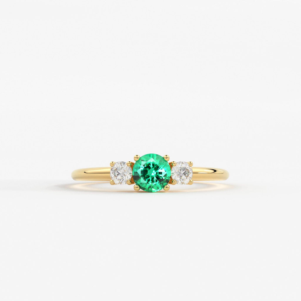 Green Emerald & Diamond Ring, Three Stone Ring with Green Emerald, Three Stone Engagement Ring, May Birthstone Diamond Ring, Emerald Ring - Jalvi & Co.