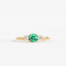 Load image into Gallery viewer, Green Emerald &amp; Diamond Ring, Three Stone Ring with Green Emerald, Three Stone Engagement Ring, May Birthstone Diamond Ring, Emerald Ring - Jalvi &amp; Co.