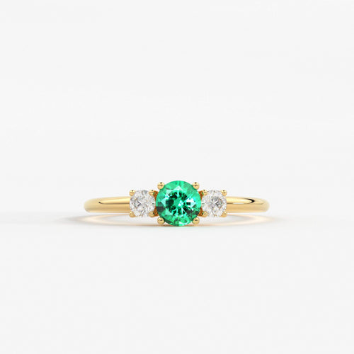 Green Emerald & Diamond Ring, Three Stone Ring with Green Emerald, Three Stone Engagement Ring, May Birthstone Diamond Ring, Emerald Ring - Jalvi & Co.