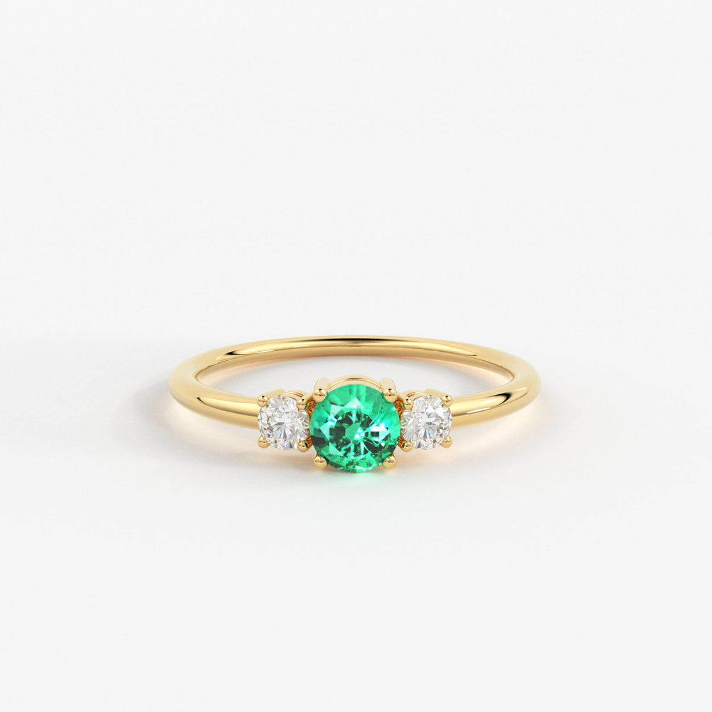 Green Emerald & Diamond Ring, Three Stone Ring with Green Emerald, Three Stone Engagement Ring, May Birthstone Diamond Ring, Emerald Ring - Jalvi & Co.